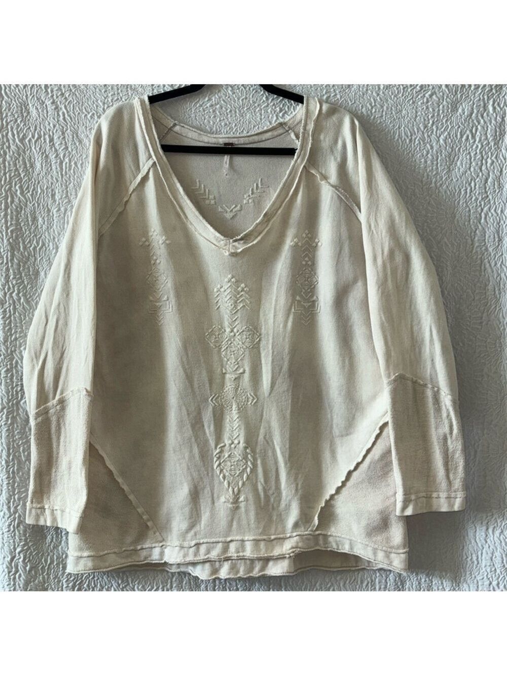 Free People V-Neck Long Sleeve Embroidered Detail Sweatshirt